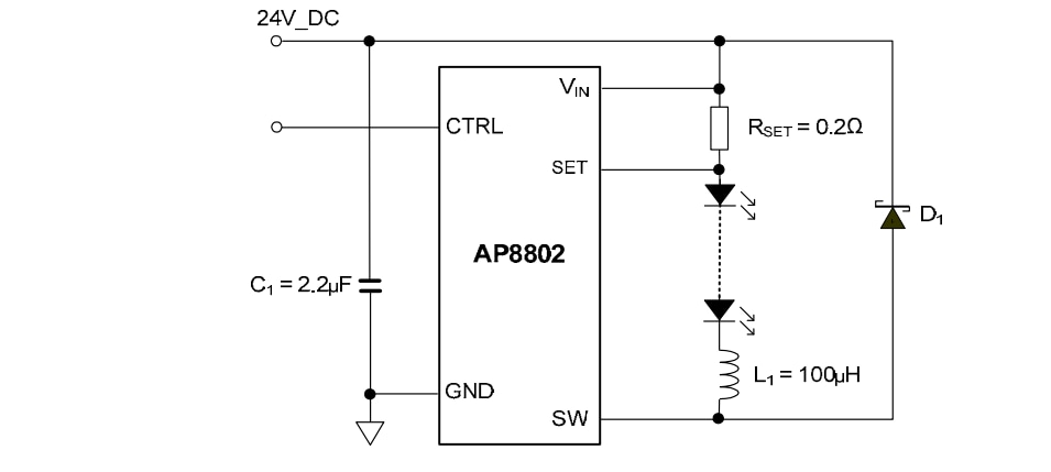 Application Circuit Diagram - Diodes Incorporated AP8802 60V 1A LED Step-Down Converter